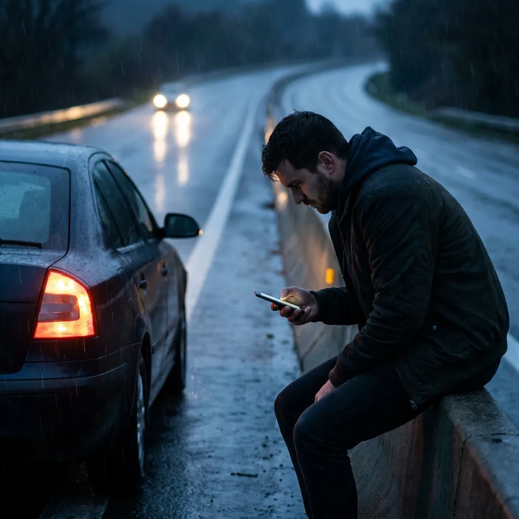 Stranded driver at night — dead battery on the highway