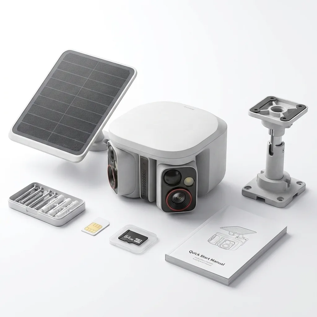 Contenido del paquete SolarCam 4G: cámara, panel solar, soporte y accesorios