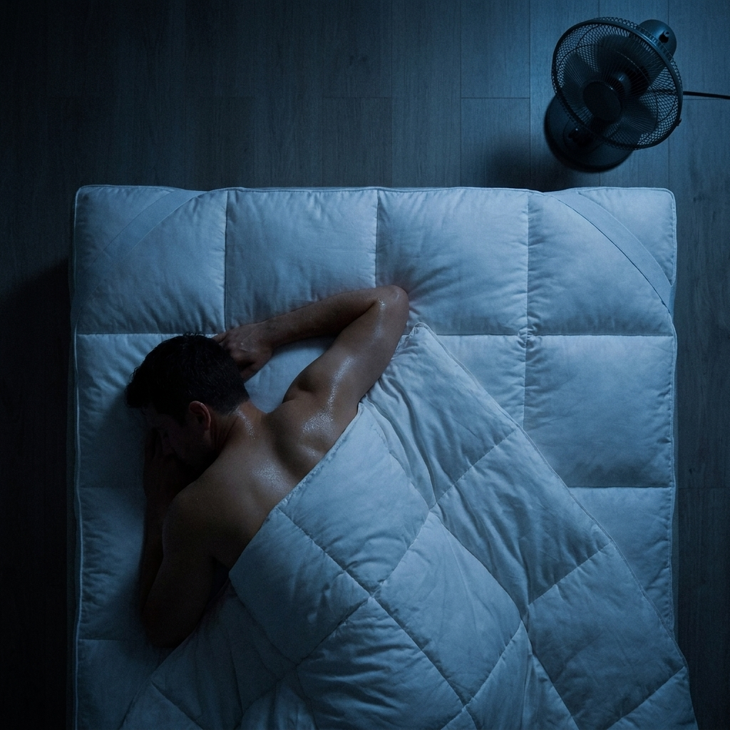 Bekapcsolt ventilátor a hálószobában éjjel, de a személy továbbra is izzad a matracon