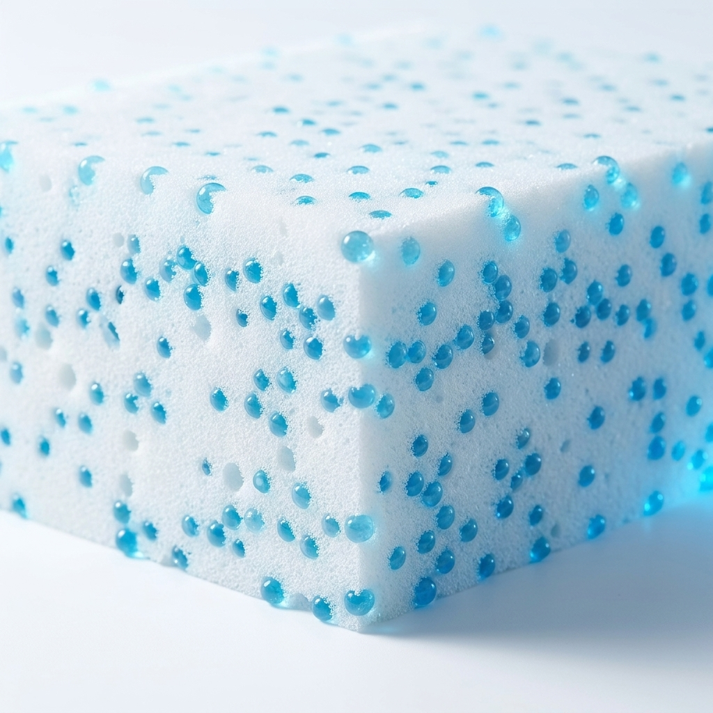 A CoolCore hűsítő gél mikrokapszuláinak közelképe a FreshSleep matracvédő rétegében