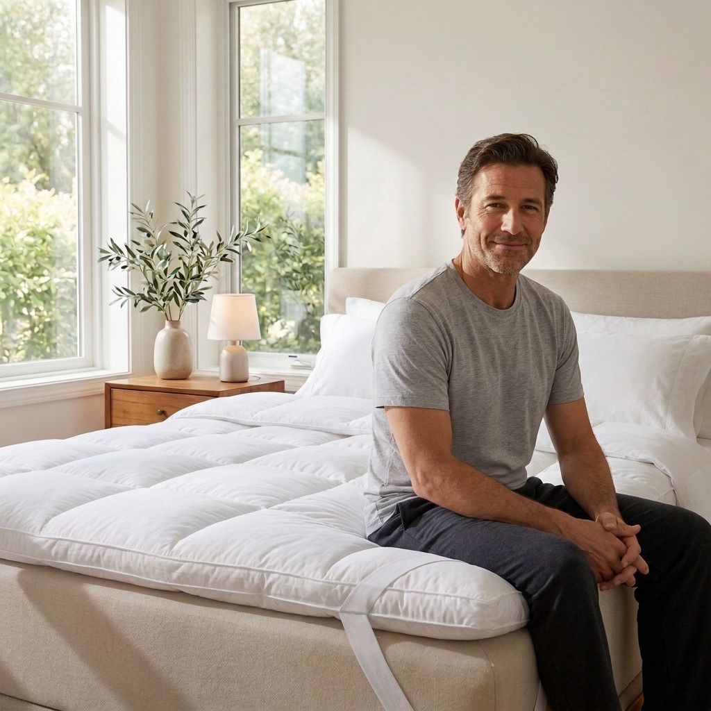 Pihenten és mosolyogva ébredő személy a FreshSleep-en